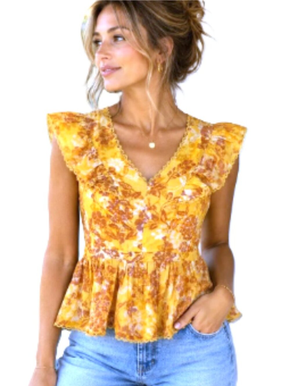 Nanette Lepore Size M Yellow Orange Brown Floral Ruffle Peplum Blouse Top